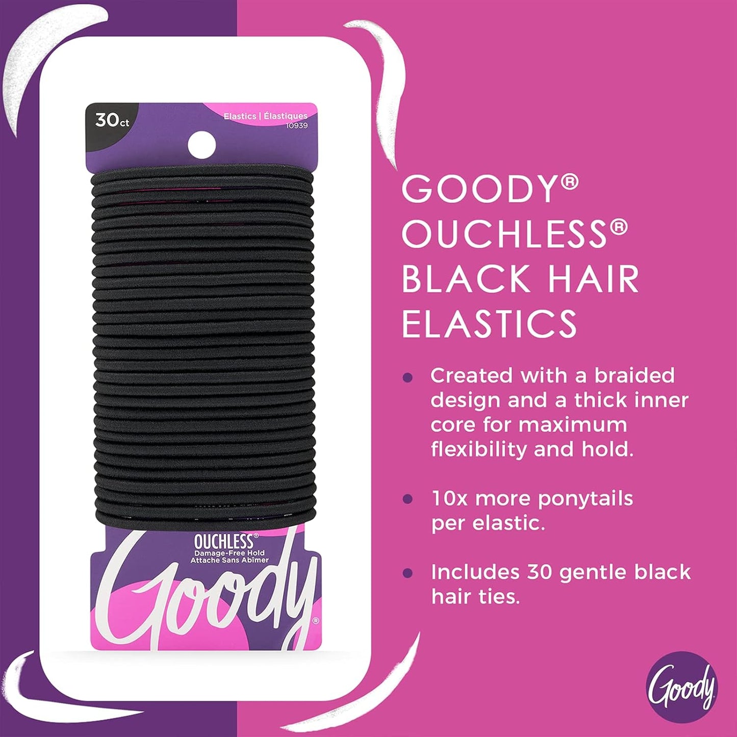 Goody Ouchless Hair Elastics – No Pull, No Breakage, Tangle-Free Hold for Thick, Curly, Coily & Textured Hair – 30 Count, Black, Long-Lasting Ponytail Holders for Women & Men