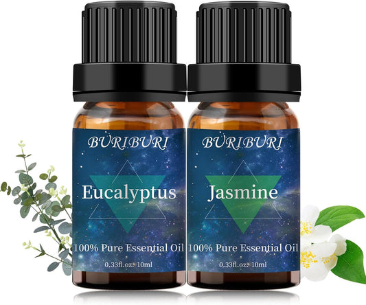 BURIBURI Jasmine Essential OIil and Eucalyptus Oil 2Pack Natural Eucalyptus Essential Oils 10ml for Diffusers (Jasmine+Eucalyptus)