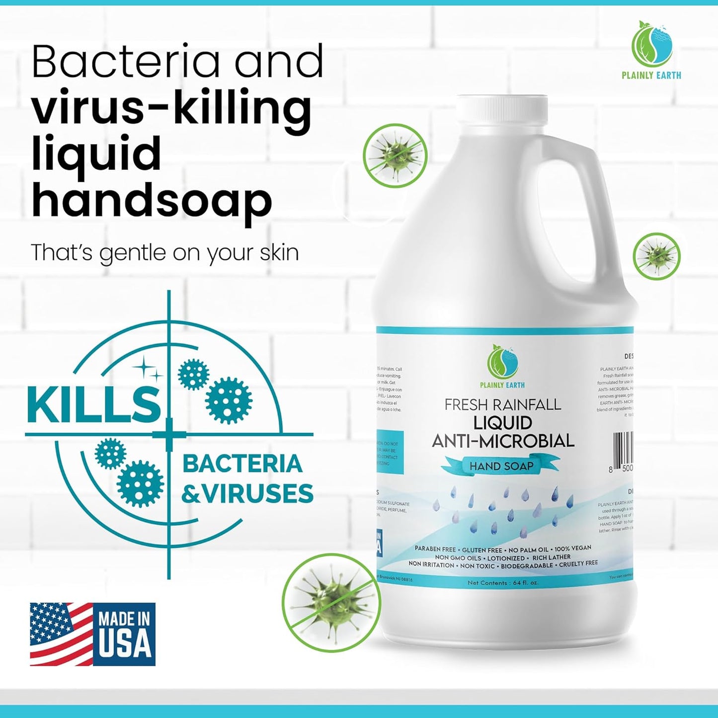 AntiMicrobial Hand Soap, 64 oz Bulk Refill - Antibacterial Hand Soap, Gentle, Scented Moisturizing Hand Soap for Kitchen and Bathroom - Fresh Rainfall