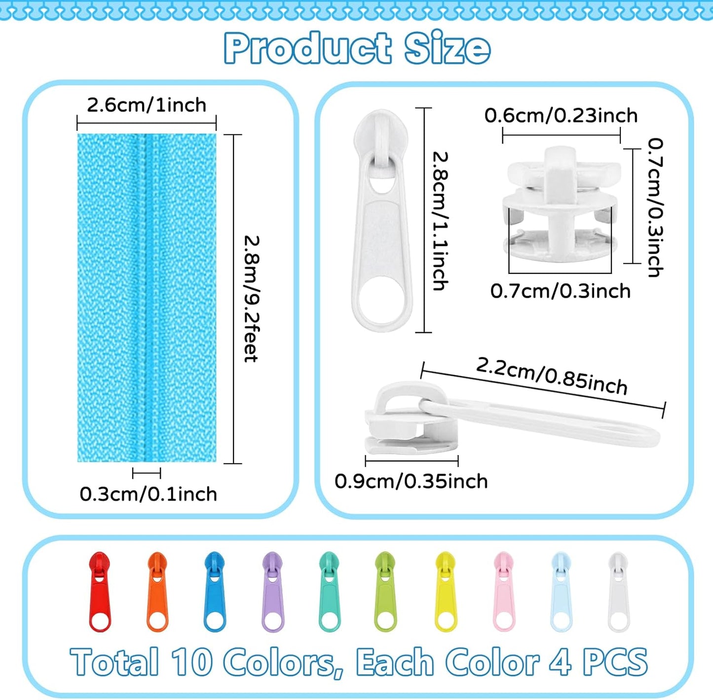 DOITEM 31 Yards 10 Pieces Sewing Zippers #3 Nylon Coil Zippers Assorted Zipper for Sewing with 40 Zipper Sliders for Tailor Sewing Crafts Supplies, 10 Color