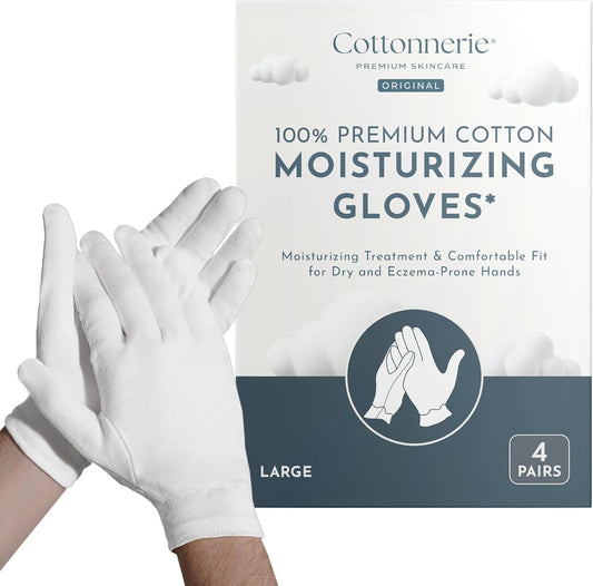 Cottonnerie Original Cotton Gloves for Dry Hands Sleeping, Moisturizing Gloves Overnight, Hand Moisturizer Gloves, Moisture Gloves for Dry Hands Overnight, Sleeping Gloves, Large 4 Pairs