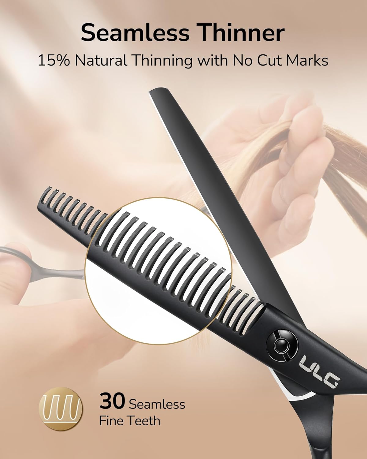 ULG Seamless Thinning Scissors – Professional Stainless Steel, Teflon Coated, Ergonomic Offset Handles, Precision Serrated Blades for Natural Hair Thinning and Layering, Ideal for Stylists and Barbers