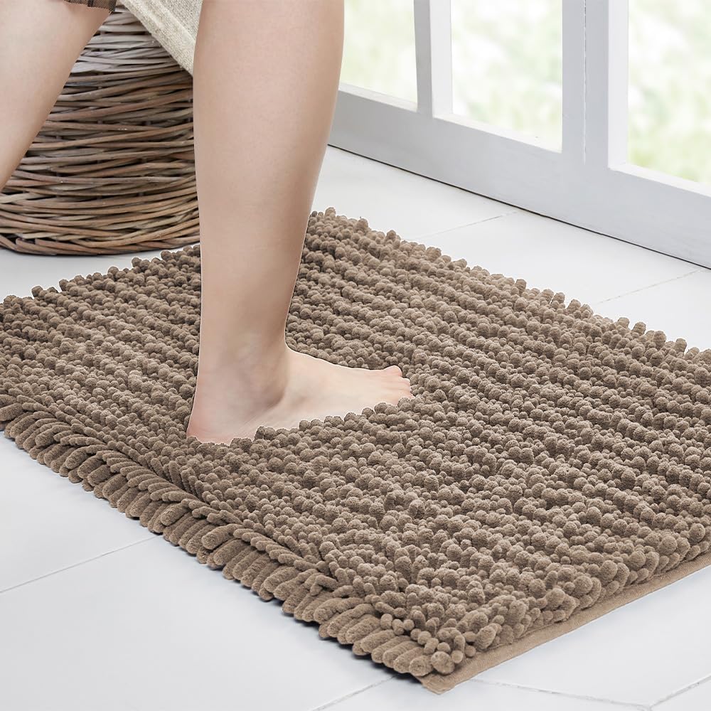 Walensee Bathroom Rug Non Slip Bath Mat (32x20 Inch Taupe) Water Absorbent Super Soft Shaggy Chenille Machine Washable Dry Extra Thick Perfect Absorbant Best Large Plush Carpet for Shower Floor