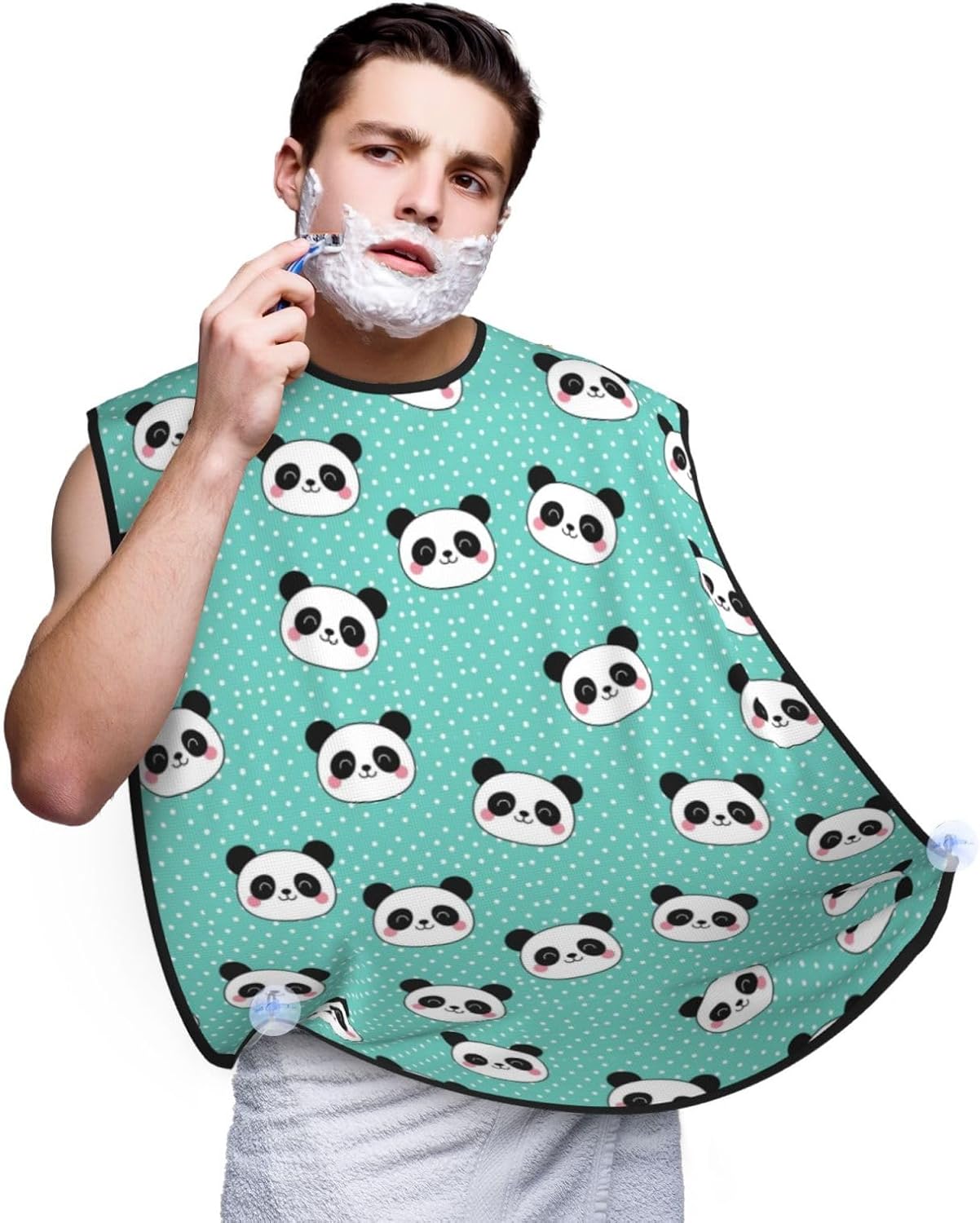 Beard Shaving Cape with Suction Cups, Kawaii Panda Face Polka Dot Teal Mint Green Shave Bib, Non-Stick Waterproof Hair Catcher, Grooming Bib for Men Husband