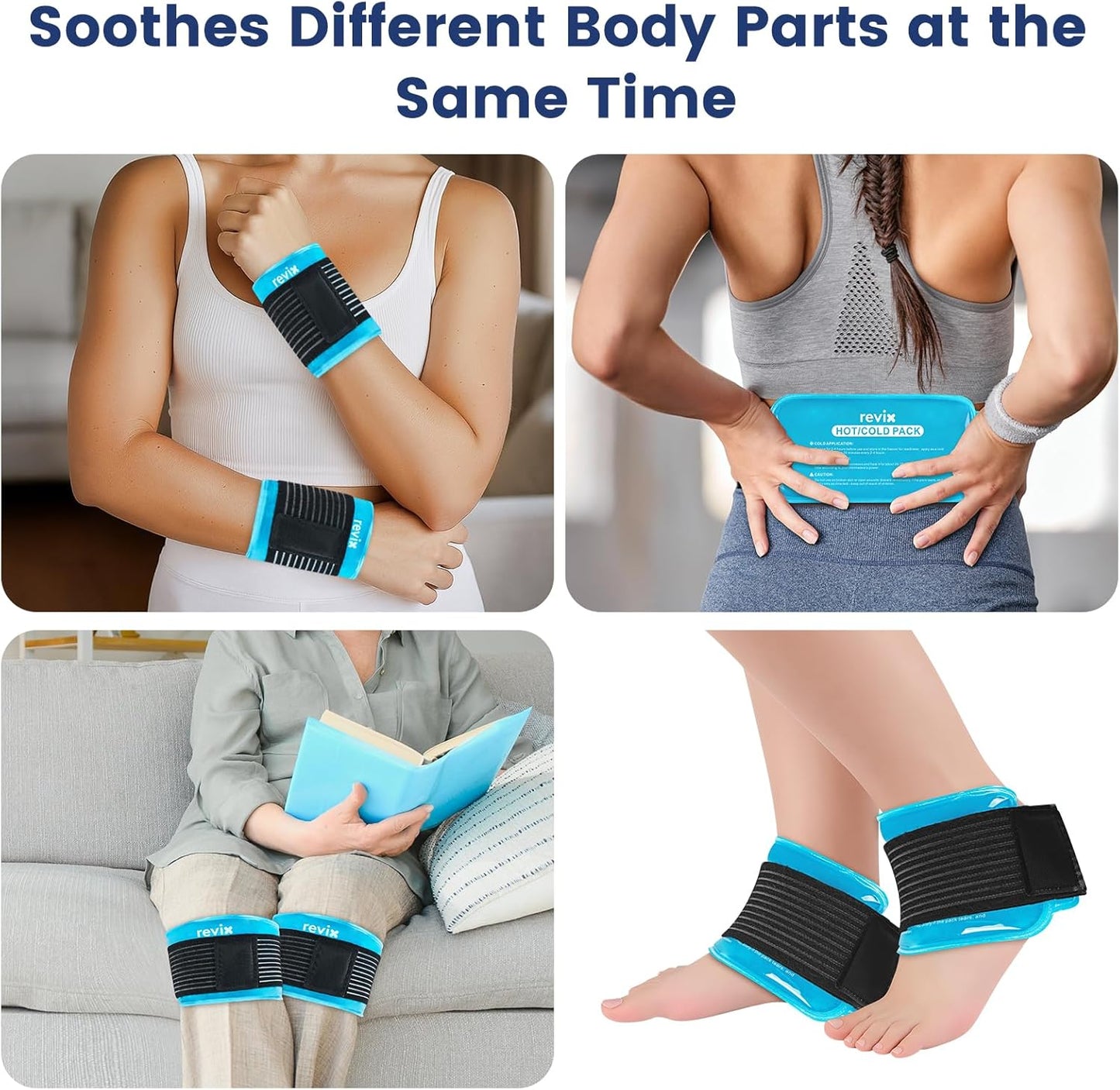 REVIX Ice Packs for Injuries Reusable, 2 Packs Hot & Cold Gel Ice Packs with PVC Cooling Design & Adjustable Strap, Flexible Therapy on Joints, Muscles, Shoulder, Back and Knee (10" x 5" Blue)