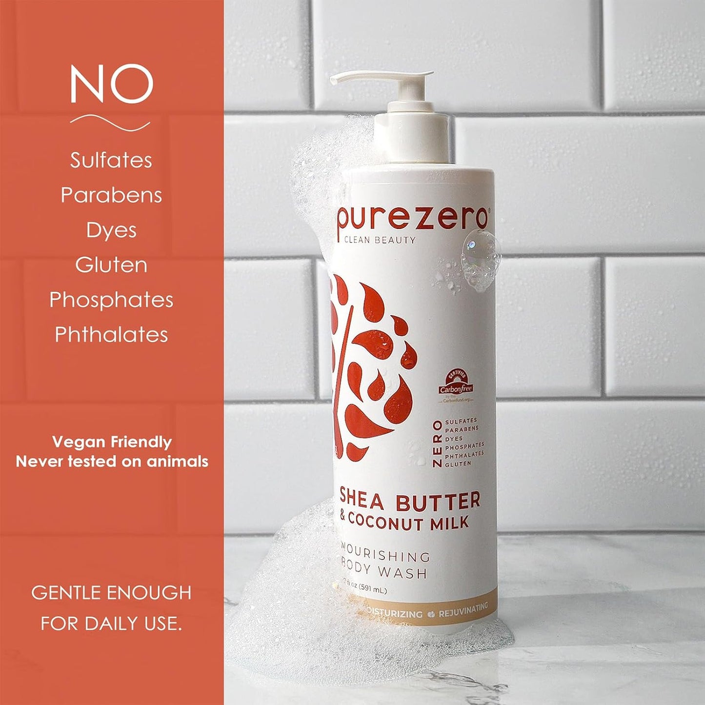 Purezero Shea Butter & Coconut Milk Body Wash, Leaves Skin Hydrated and Fresh, Maintain Elasticity and Smoothness, Zero Sulfates, Parabens, Dyes,100% Vegan & Cruelty-Free (20oz, 2 Pack)