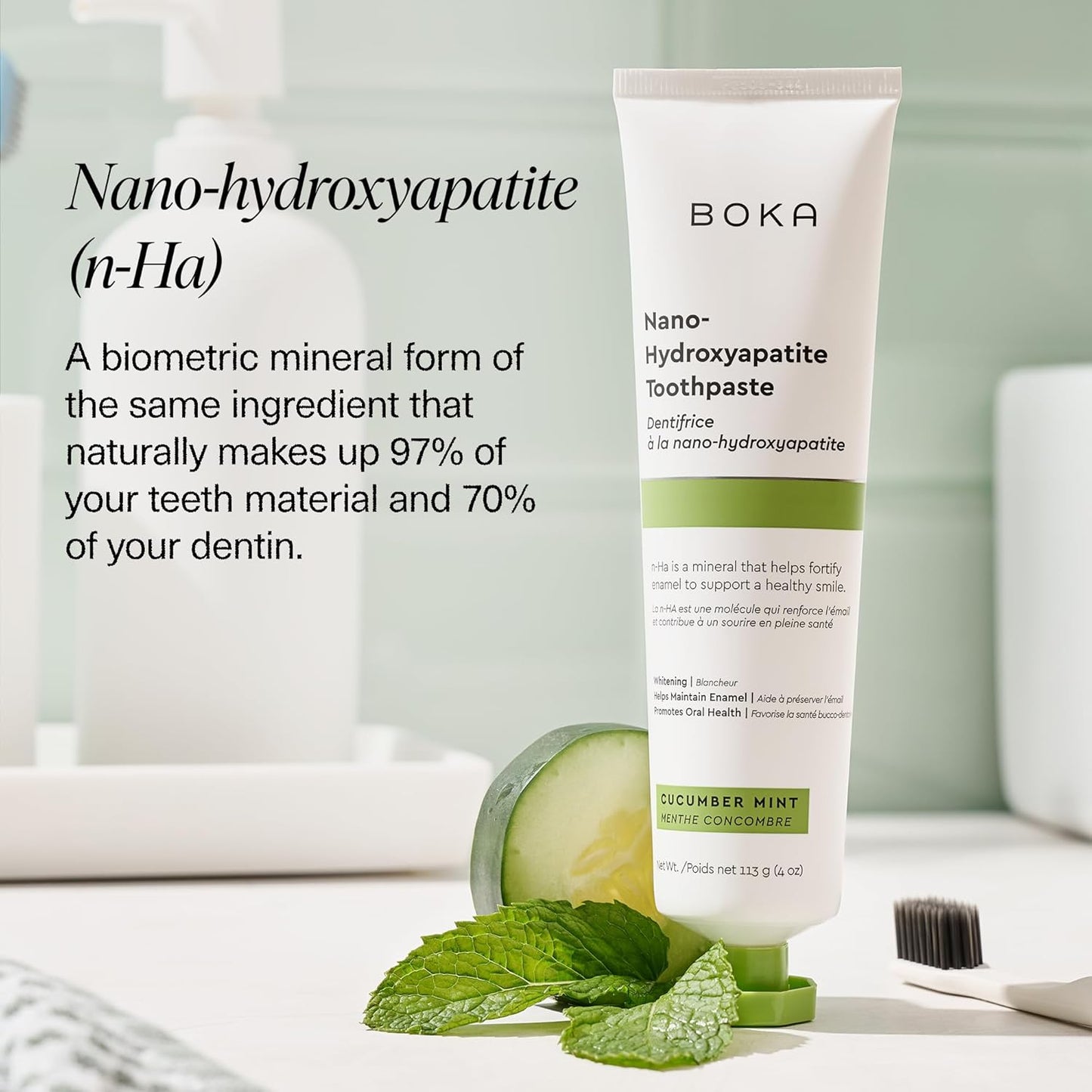 Boka Fluoride Free Toothpaste, Nano Hydroxyapatite Toothpaste, Appropriate for Sensitive Teeth - for Adult, Kids Oral Care - Cucumber Mint Flavor, 4 Fl Oz 1Pk US Manufactured