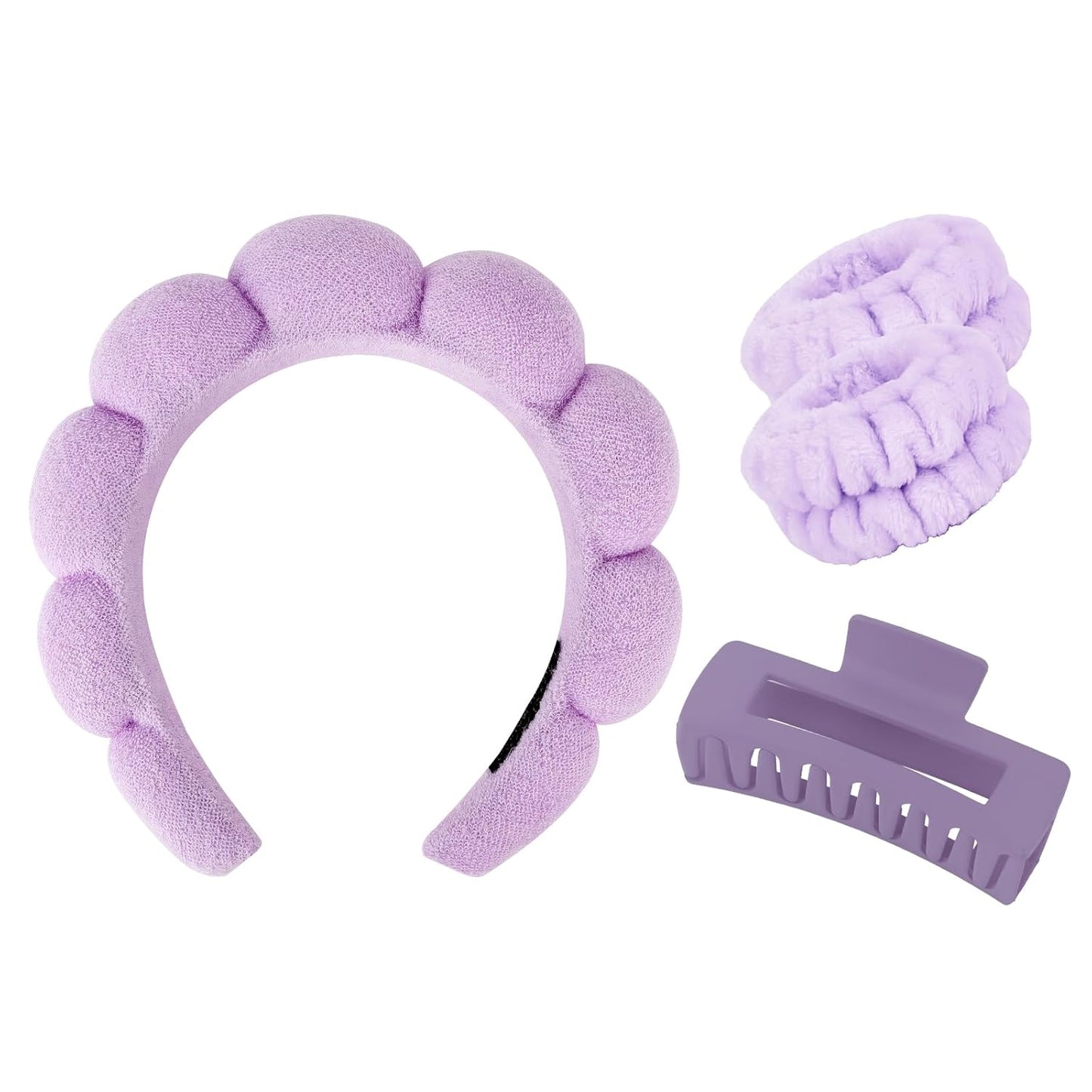 Wecoe Spa Headband And Wristband Set Skincare Headband For Washing Face Hair Claw Clips For Thick Hair Cute Purple Puffy Sponge Makeup Bubble Head Band Wrist Towels Scrunchies For Women Girls