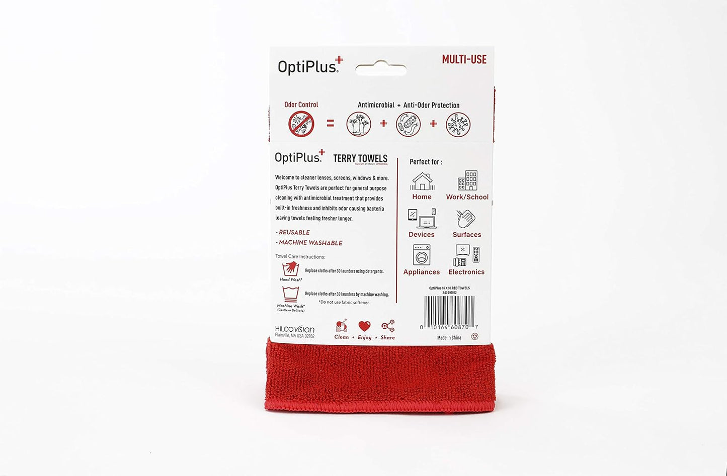 OptiPlus 16" x 16" Microfiber Terry Towels Treated with Silvadur 930 Antimicrobial - Red