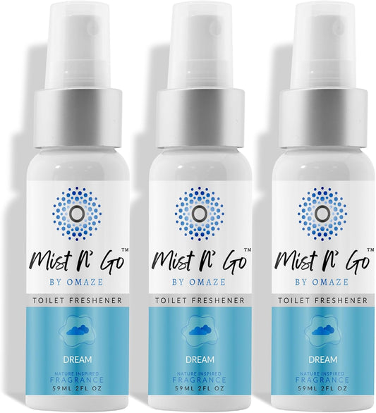 Mist N’ Go by Omaze Travel Bathroom Spray for Toilet Spray Odor Eliminator - Travel Toilet Spray for Bathroom Air Freshener Spray for Bathroom Deodorizer - Dream Regular Size (2oz x3)