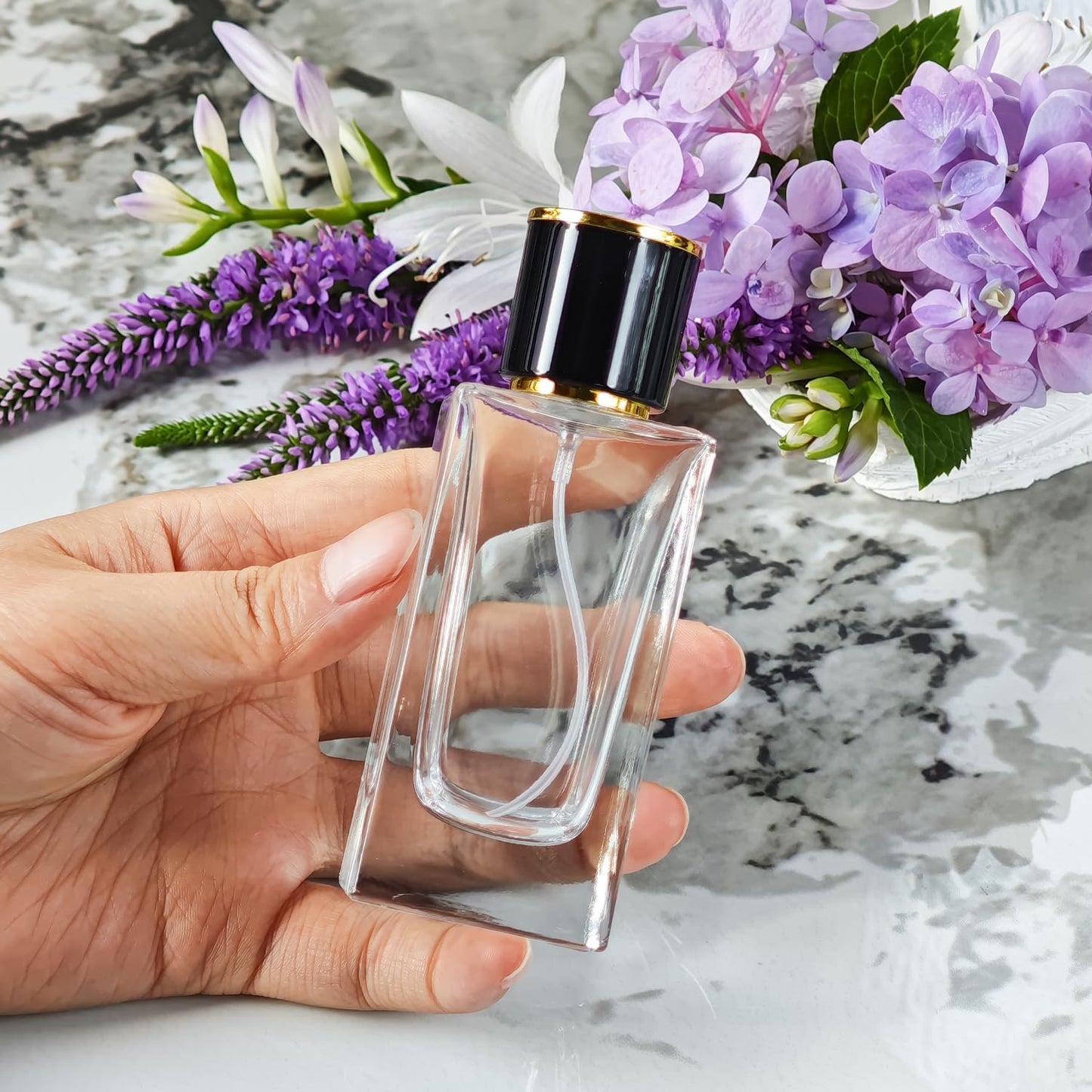 2 Pack 50ml/1.7 Oz Glass Spray Bottle Perfume Atomizer,Empty Travel Refillable Perfume Spray Bottle with 3 Kinds of Dispenser (Black Cap, 50ml)