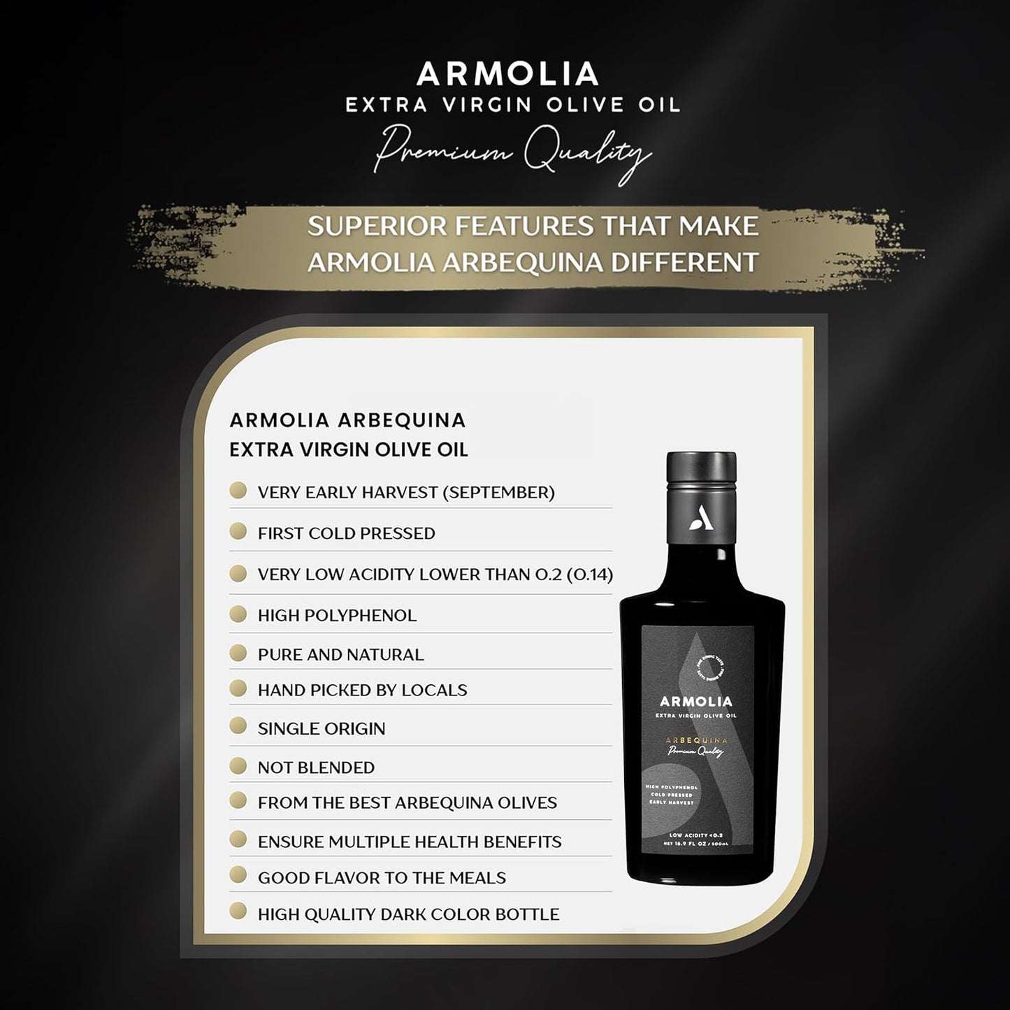 ARMOLIA 24-Pack Olive Oil Extra Virgin, Cold Pressed, Early Harvest, High Polyphenol (<400 mg/kg), Low Acidity (0.14%), 2025 Gold Award Winner, Drinking Premium Glass Bottle EVOO ( 24 Pack x 500mL , 405.6 Oz )
