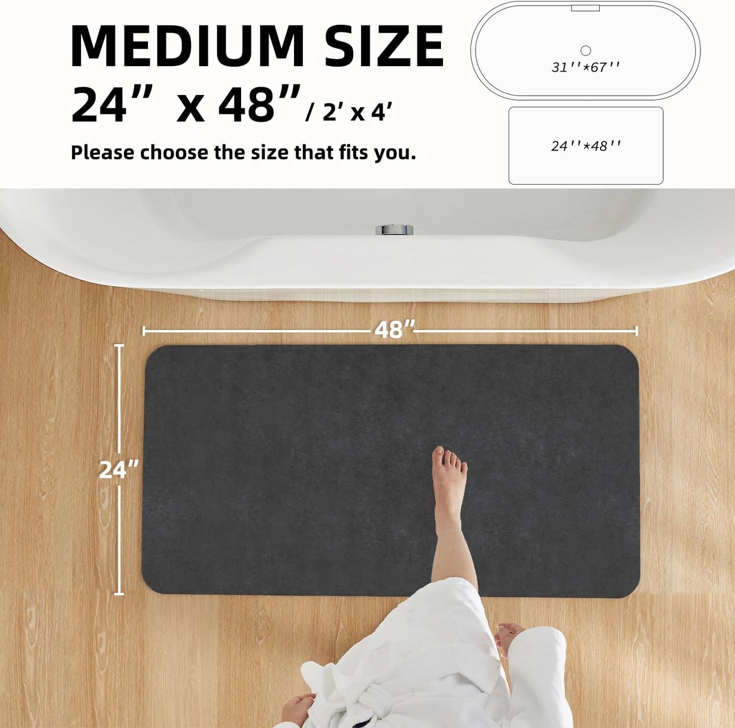 Bath Mat, Bathroom Rugs Non Slip Washable Thin Absorbent Quick Dry Bath Mat Fits Under Door Bathroom Floor Mat Perfect for Bath, Shower, or Sink 24"x48" Dark Grey