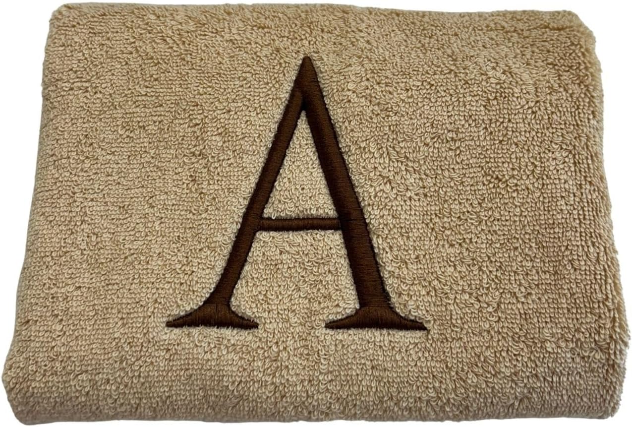Beige Initial Hand Towel for Bathroom - Monogrammed Luxury Hotel Quality Decorative Embroidered Towel for Powder Room, Spa - GOTS Organic Certified - Set of 2 Brown Letter E