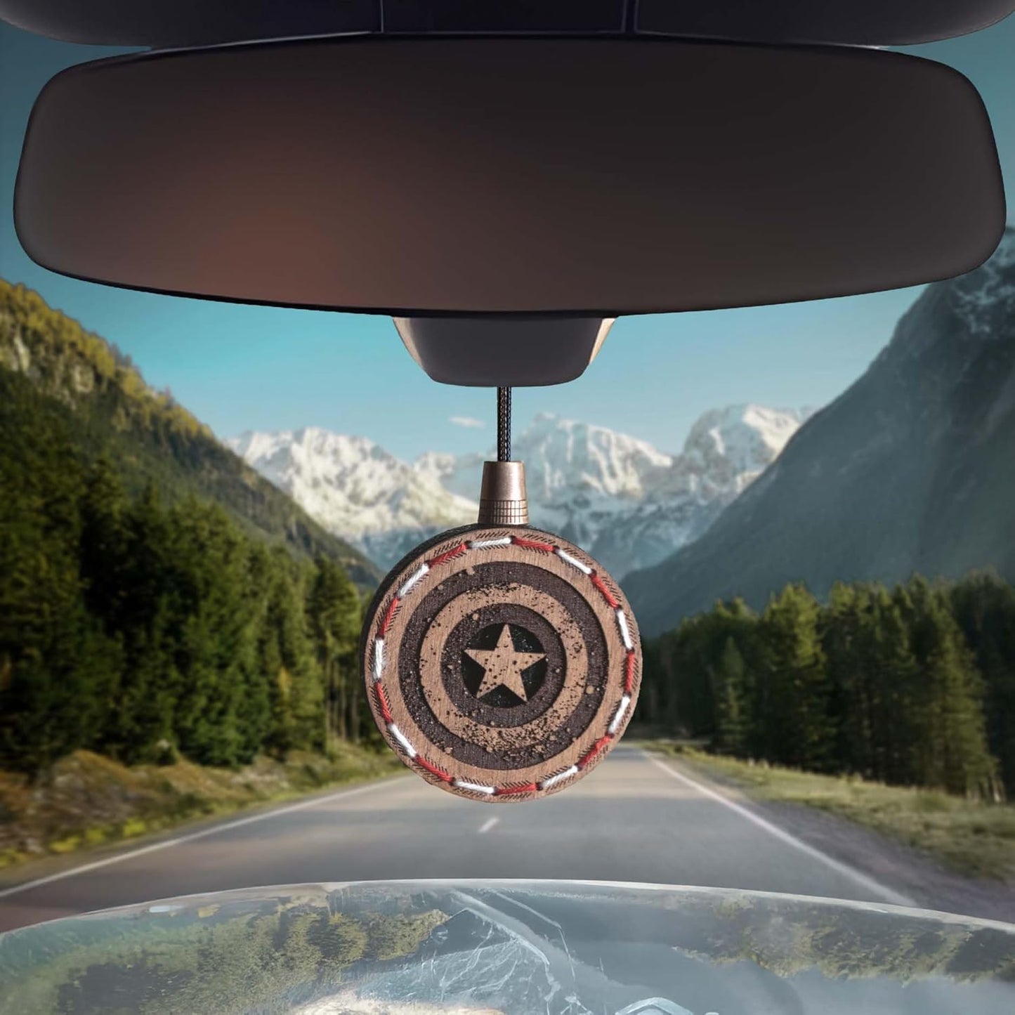 Wood Car Air Freshener — Handmade Car Air Freshener — Captain Shield Designed Fragrance Oil Diffuser in Wooden Gift Box — Aromatherapy Gift Set with Mountain Rain Fragrance Oil - 10 ml