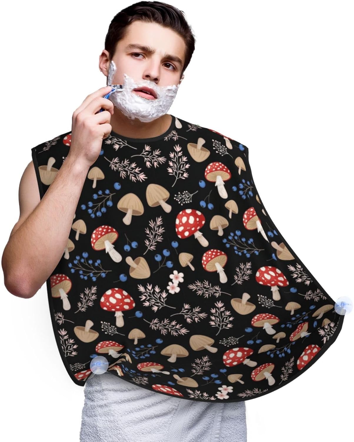 No-Slip Shaving Bib, Beard Grooming Apron with Strong Suction Cups, Autumn Fall Leaves Cool Mushrooms