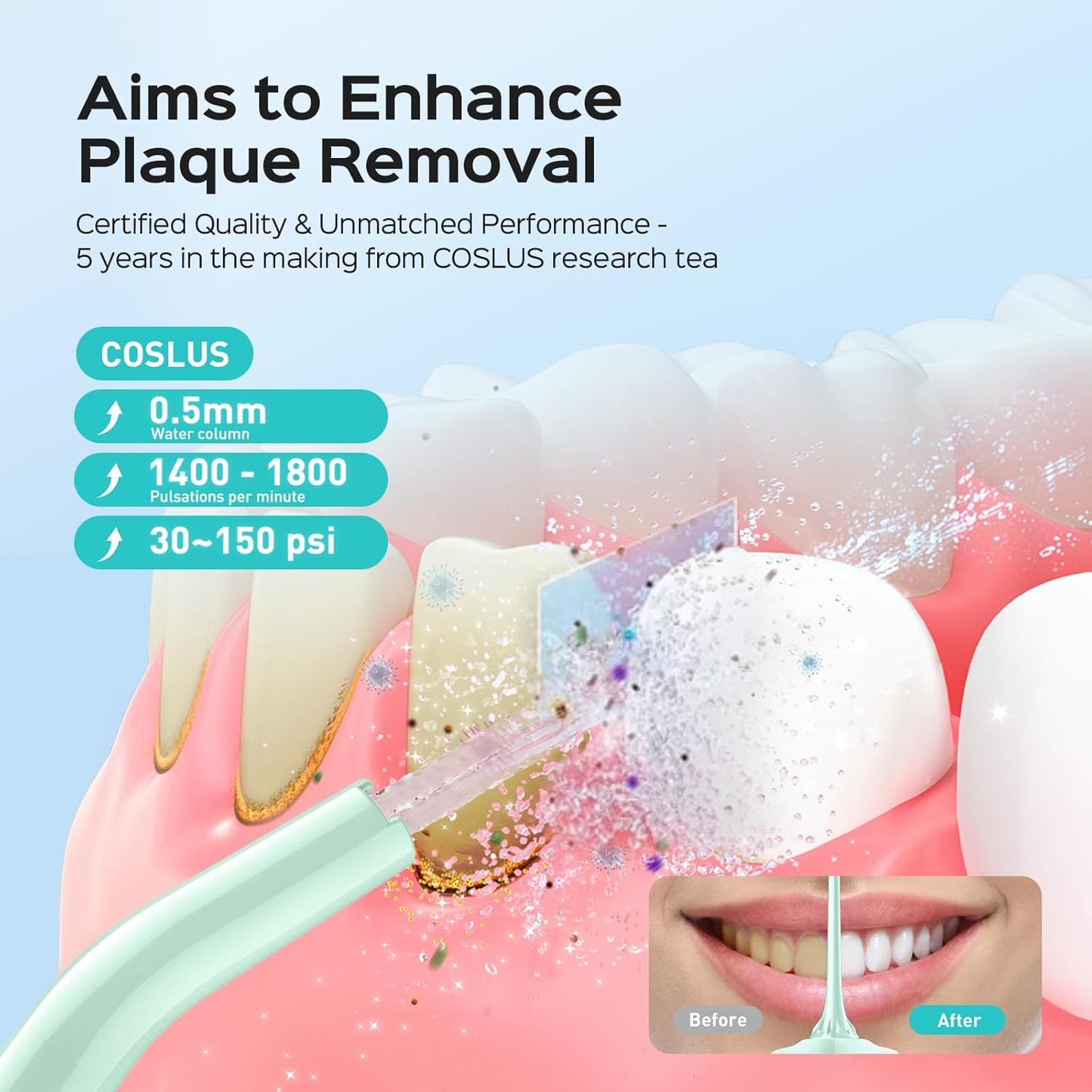 COSLUS Water Dental Flosser Pick for Teeth: 4 Modes Cordless Portable 300ML Larger Tank Water Teeth Cleaner IPX7 Waterproof Flossing Cleaning Picks for Home Travel Green C30(FC5360)