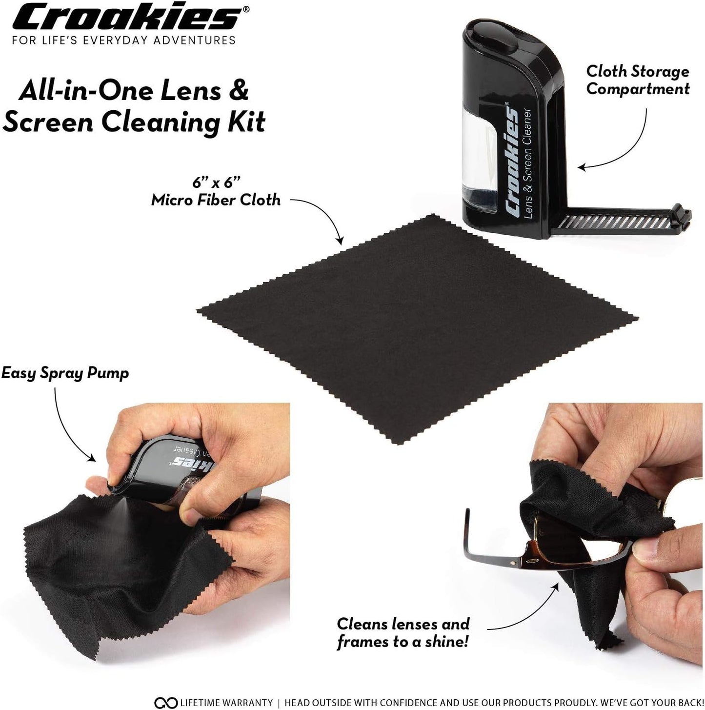 Croakies All-in-one Cleaning Kit | Lens Care Travel Kit with Pump and Microfiber Cloth | All Natural Cleaner for Eyewear and Lenses
