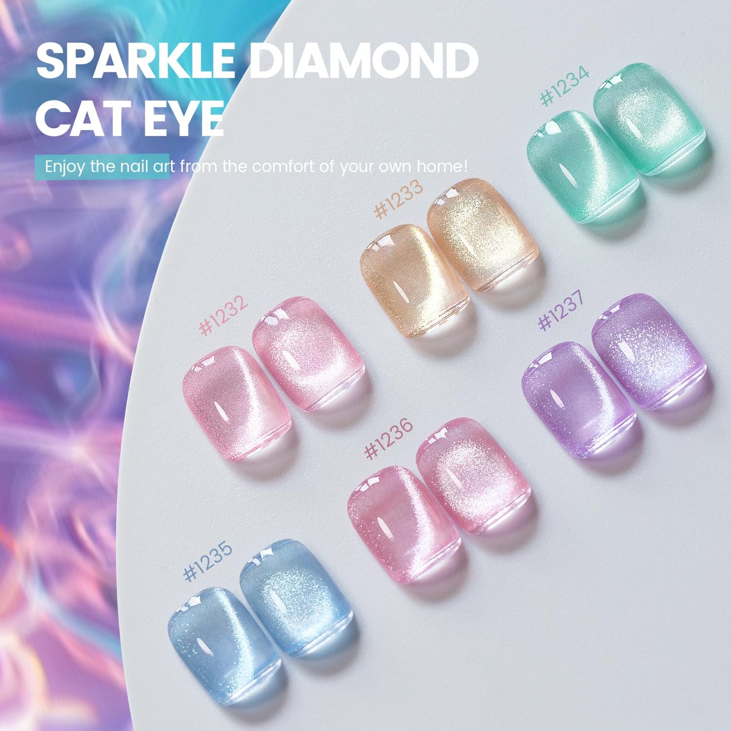 RARJSM Glass Jelly Cat Eye Gel Nail Polish Set 6pcs Reflective Sparkly Diamond Glitter Nude Pink Lake Blue Green Purple Clear Cateye Gelpolish with Magnet Stick 7.5ml Curing Requires for Home Salon