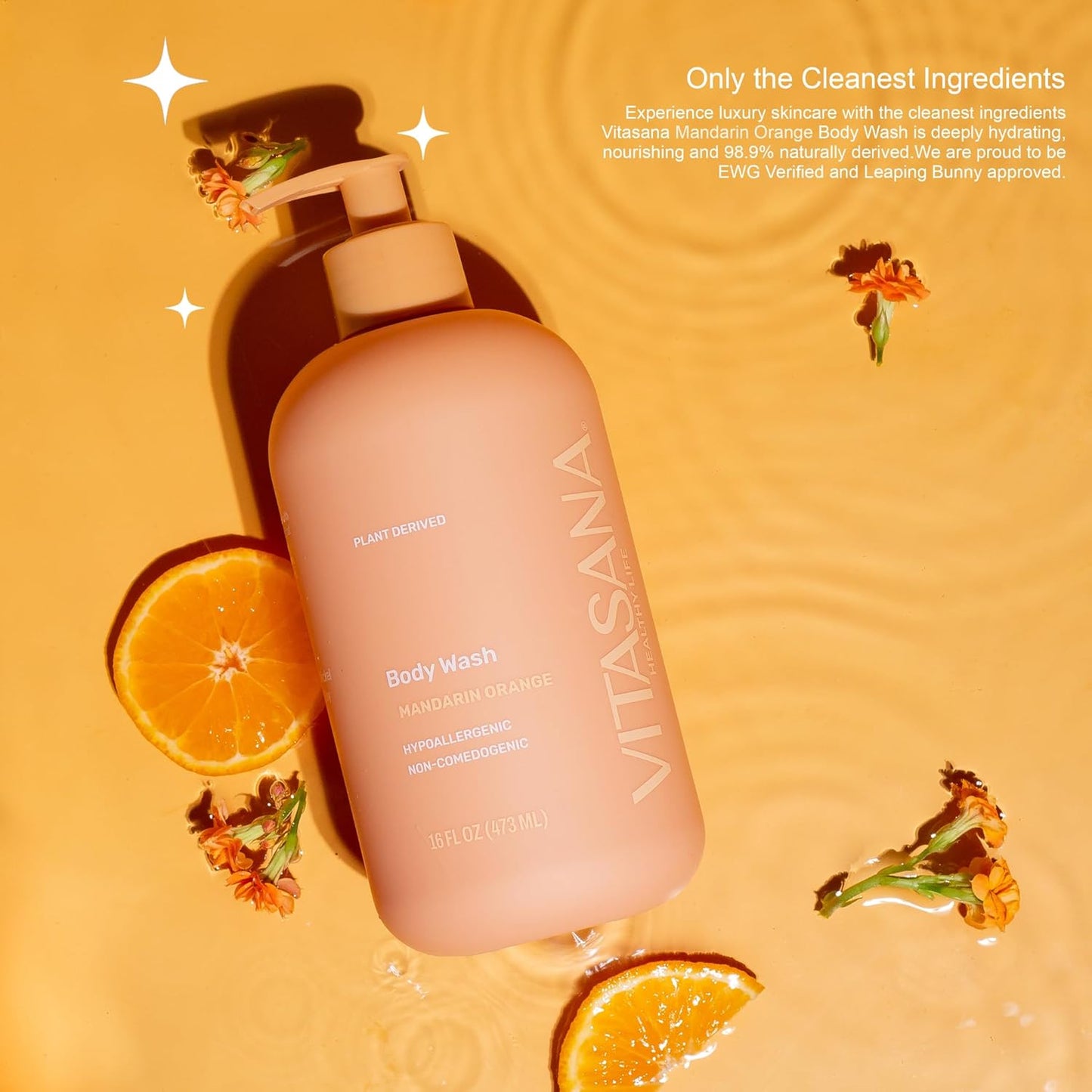 Natural Body Wash for Sensitive Skin, 16 oz – Mandarin Orange Scent, 98.9% Plant‑Derived, EWG Verified, Hypoallergenic, Paraben‑Free, Sulfate‑Free, Cruelty‑Free