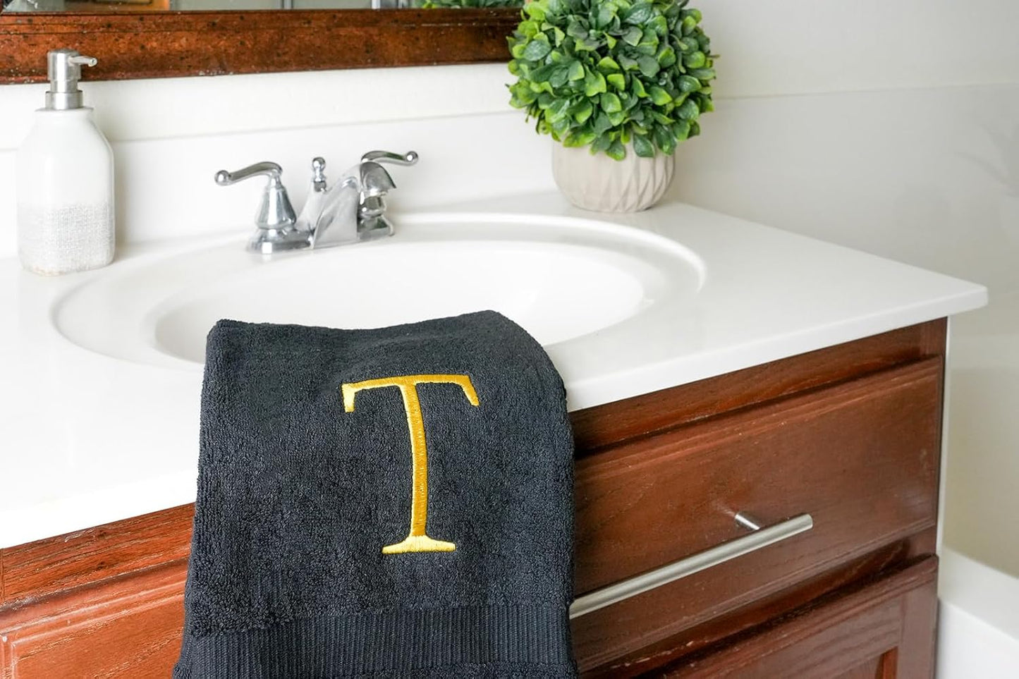 Black and Gold Bathroom Hand Towel - Monogrammed Luxury Hotel Quality Decorative Embroidered Towel for Powder Room, Spa - GOTS Organic Certified - Pack of 2, Letter T