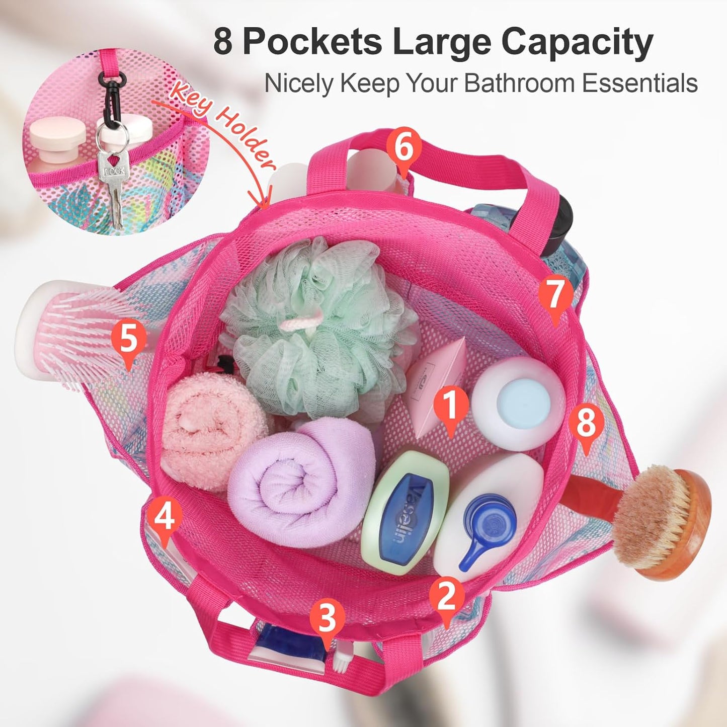 F-color Mesh Shower Caddy Portable with Drawstring - Upgrade Deeper 7 Pockets Dorm Room Essentials for Guys Girls with S Hook, Shower Bag Basket Tote for College Camping Bathroom, Pink Flamingo