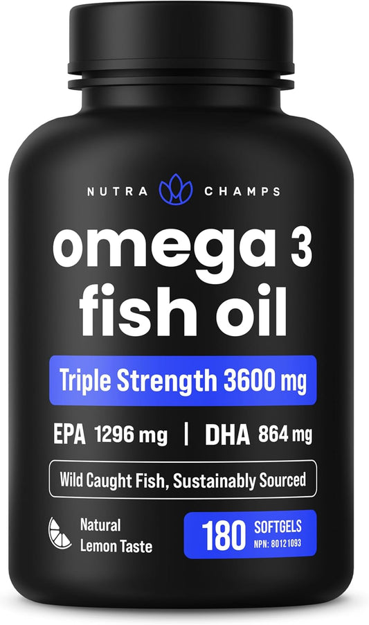 Triple Strength Omega 3 Fish Oil 3600 mg | EPA & DHA | 180 Softgels | Burpless Fish Oil Supplement, Wild Caught | Over 2100mg Omega-3 Fatty Acids Supplements | Natural Lemon Flavor Omegas 3 Pills