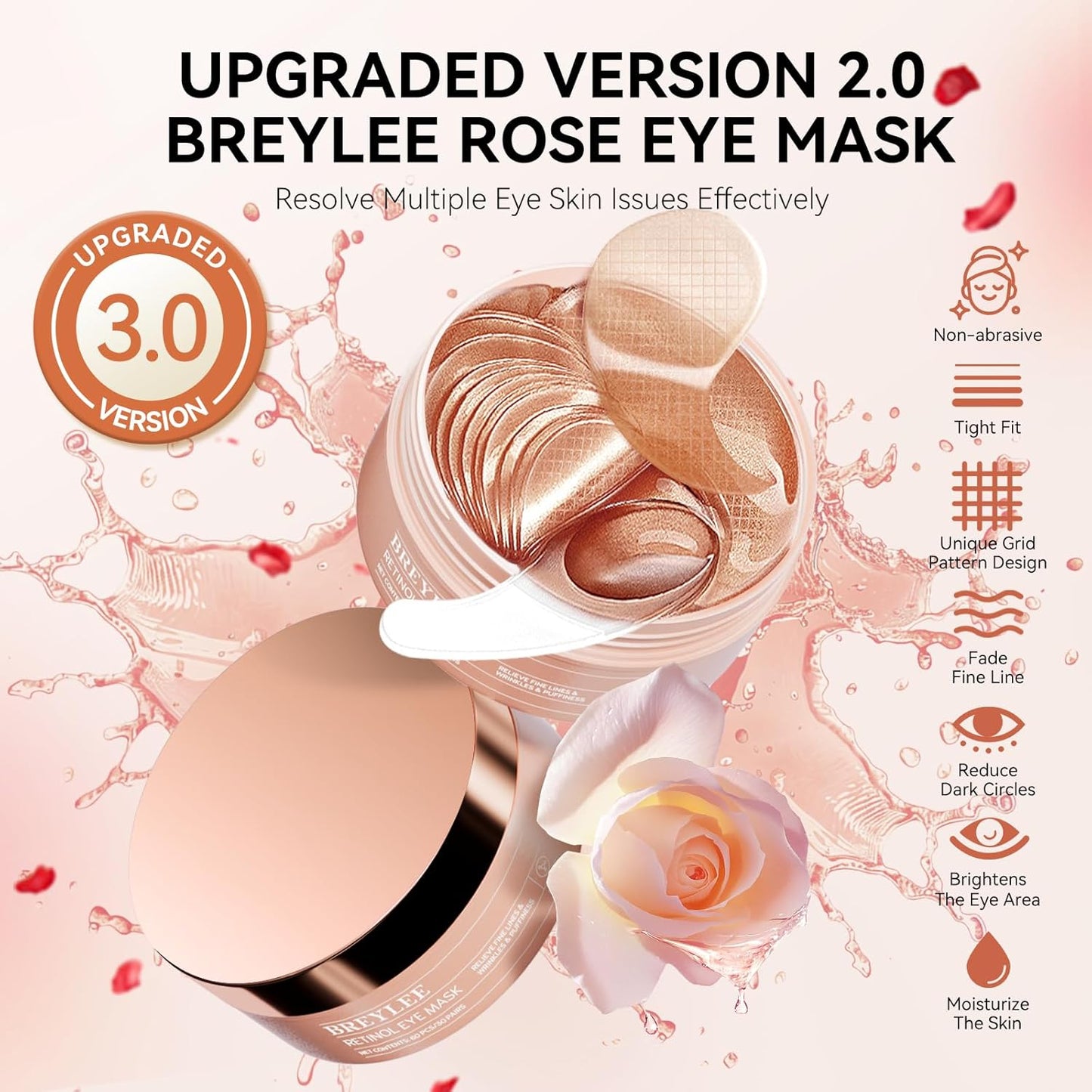 BREYLEE Rose Eye Mask, Under Eye Patches with Collagen & Hyaluronic Acid, Treat Puffy Eyes, Dark Circles, Wrinkles & Fine Lines, Smoothing Skin Care for Women & Men - 60 Pcs