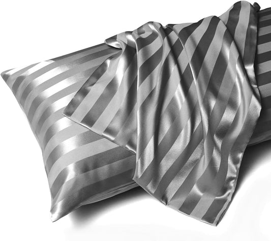 MR&HM Satin Body Pillow Cover, Soft and Breathable Body Pillow Case with Envelope Closure, Cooling and Silky Long Pillowcase for Hair and Skin,Grey (20x54, Dark Grey Striped)
