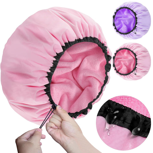 2 Pcs 13.5" Dual Waterproof Design Adjustable Terry Shower Cap for Women and Men, EVA Double Layer Bath Cap Reusable for Braids, Long Hair, Dreadlocks
