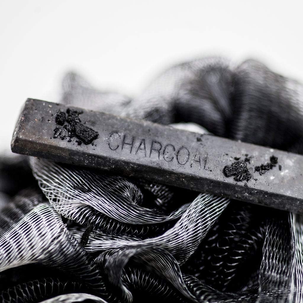 Loofah Back Scrubber for Shower | Bamboo Charcoal Fiber Infused | Loufas for Men & Women | Includes 1 Long Handled Shower Sponge, 1 Bath & Shower Luffa Pouf & 1 Hook to Hang Stuff (Slate Grey)