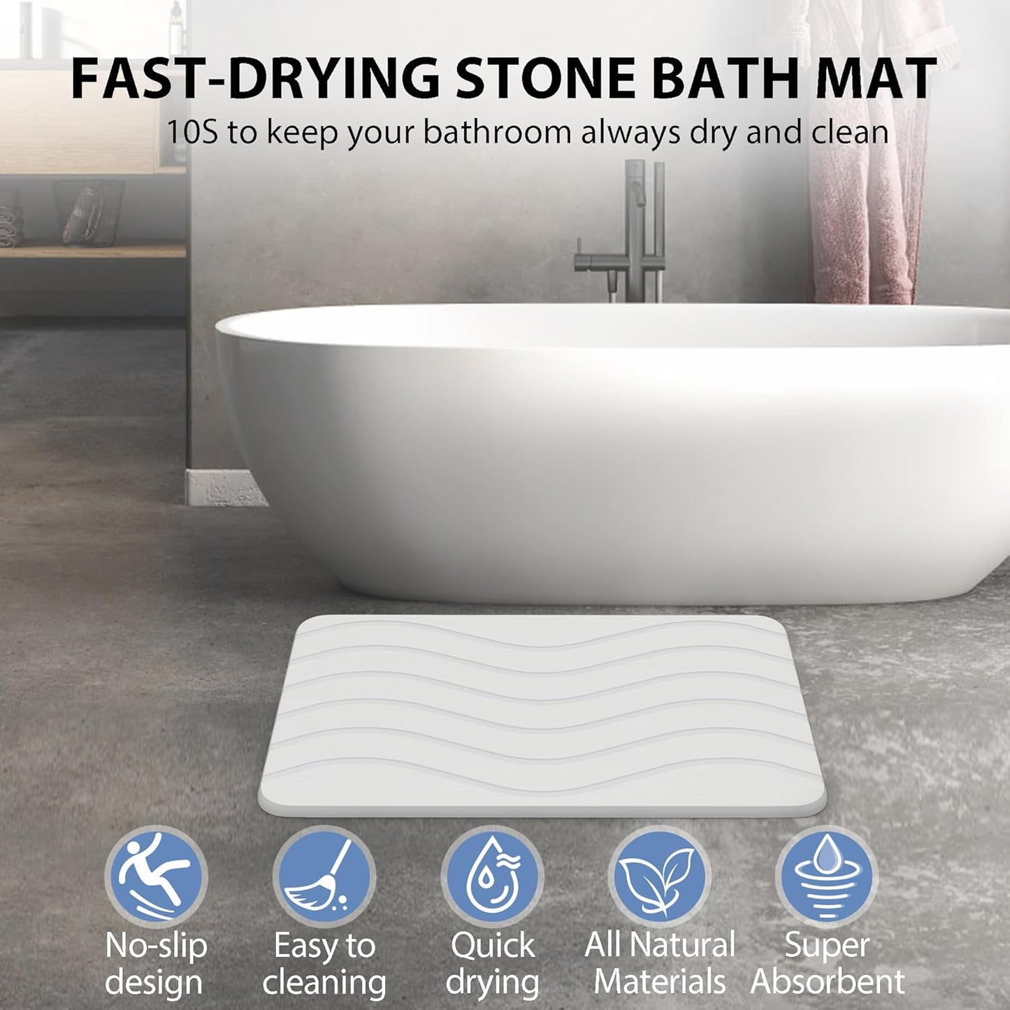 Absorbent Stone Bath Mat, Diatomaceous Earth Shower Mats, Non-Slip Water Absorbing Diatomite Stone Mat for Bathroom Floor, Quick-Drying Easy to Clean (23" x 16" White)