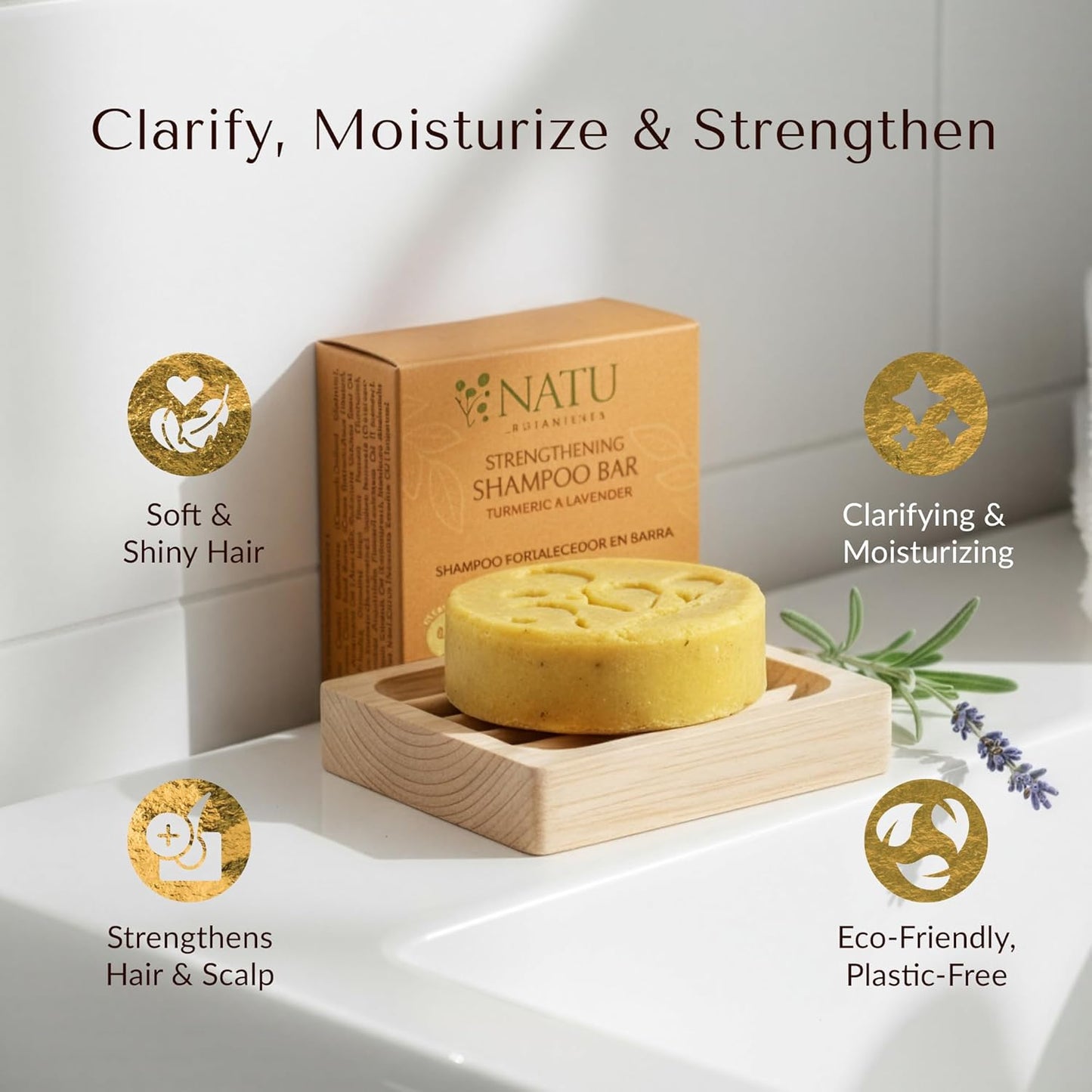 NATÚ BOTANICALS Strengthening Solid Shampoo Bar – Turmeric & Lavender - Clarifying Shampoo with Tea Tree Oil For Scalp - Moisturizes, Strengthens & Soothes Hair & Scalp - Sulfate & Paraben-Free, 2.3oz