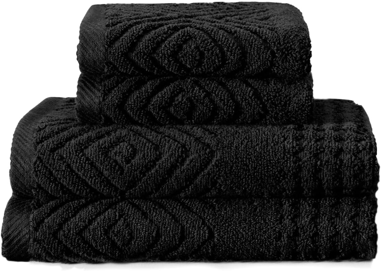 Texere 100% Organic Cotton Diamond Jacquard 700 GSM Luxury Bath Towel Sets - Ultra Soft and Absorbent Hotel and Spa Quality (Diamond, Black, 2 Hand & 2 Wash Towels)
