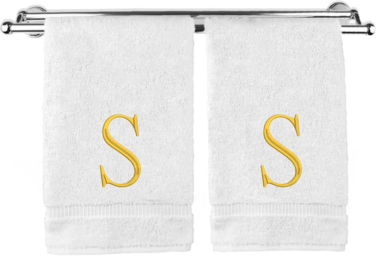 Monogrammed Hand Towel, Personalized Initial Gift, Extra Absorbent 100% Turkish Cotton - Soft Terry Finish - Set of 2 - Gold Block Initial S - Embroidered on White Towels
