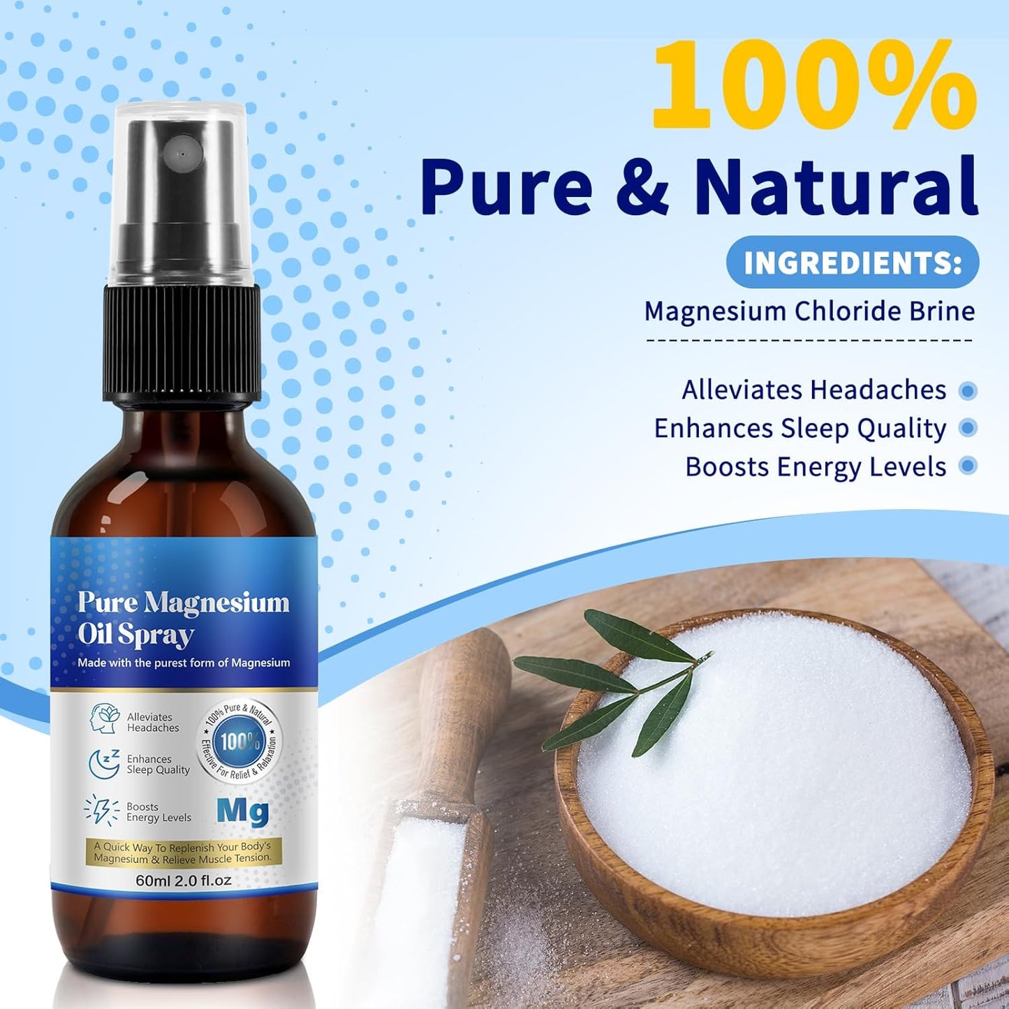 Pure Topical Magnesium Oil Spray, Magnesium Spray for Feet, 100%, Quick Absorption - Natural Source with Powerful Blend of Essential Oils, Replenish Body- 2.02 fl oz