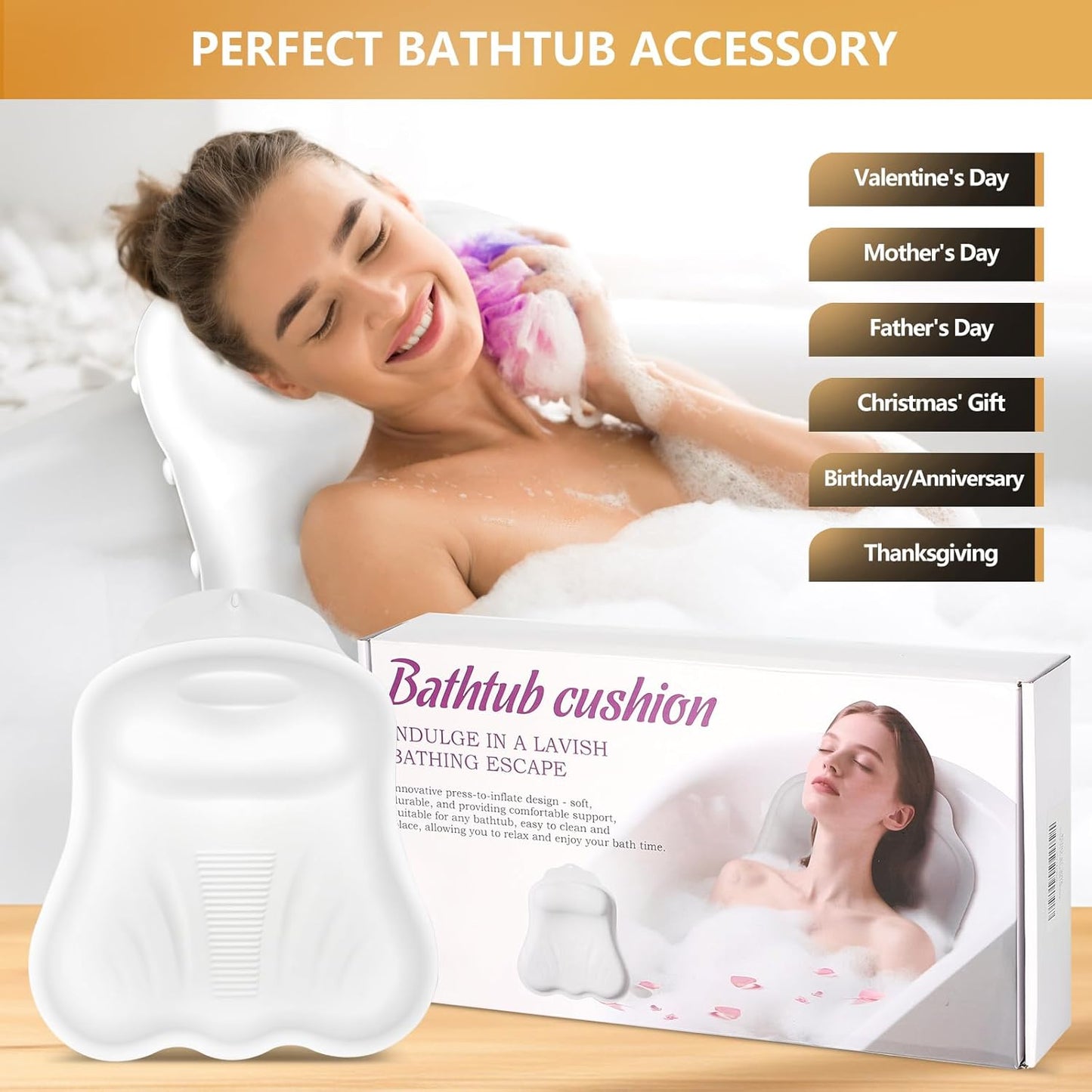 Inflatable Bath Pillow for Tub - Adjustable Firmness Silicone Bathtub Pillow for Spa Neck-Relaxing & Epsom Salt Soaking, Head & Back Reclining Support Cushion, Spa Gifts for Women, Parent, Friends