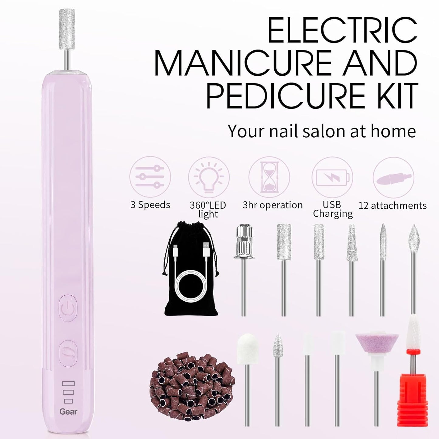 Professional Manicure Pedicure Kit -360° Light, Rechargeable Electric Nail Drill, Cordless Electric Nail File Set, 3 Speeds Hand Foot Care Nail Drill for Thick Nail Toenail Cuticle