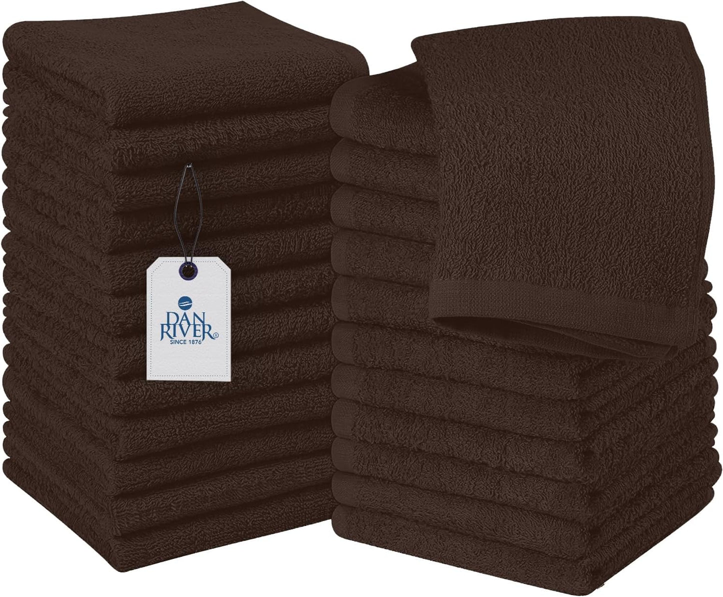 DAN RIVER 100% Cotton Wash Cloths 24 Pack [12x12] Soft & Absorbent Soft washcloths, Gym, Hotels & Spa Perfect for Everyday Use Fingertip Towels, Brown