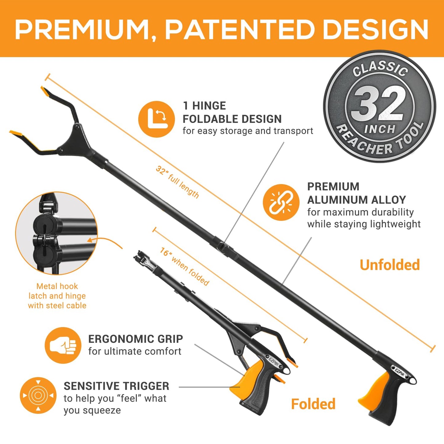 EZPIK Classic 32" Flexible Folding Grabber Tool for Elderly + Magnets, Reacher for Disabled & Seniors Heavy Duty Rotating Grippers for Reaching Underneath, Trash Grabbers & Pickers for Mobility
