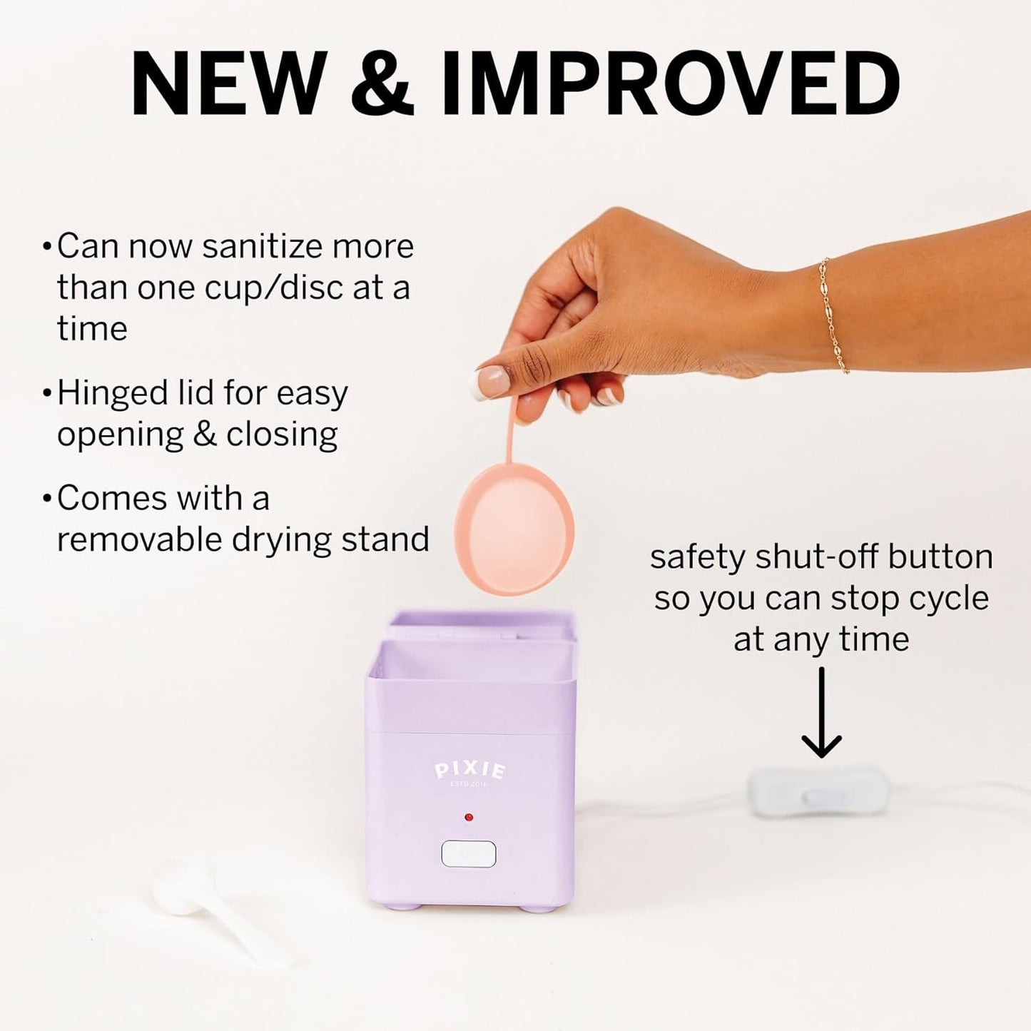 Pixie Menstrual Cup Sterilizer - Ranked 1 for The Best Steamer - Kills 99.9% of Germs with Cleaner Steam - Wash Your Period Disc or Cup in 3 Minutes! - Automatic Timing Shut-Off Switch