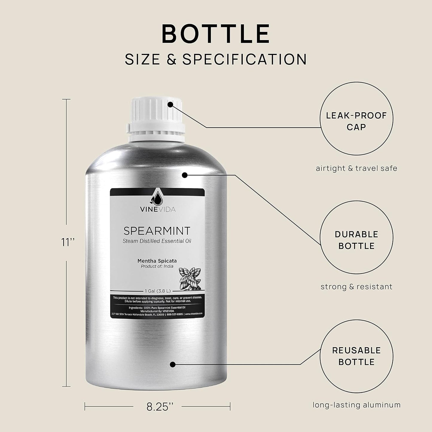 VINEVIDA Spearmint Essential Oil - Gallon Spearmint Oil Undiluted - Bulk Gallon Essential Oil for Soap Making Safe for Skin - DIY Candle Scents for Candlemaking Scents - 8 lbs Spearmint Oil