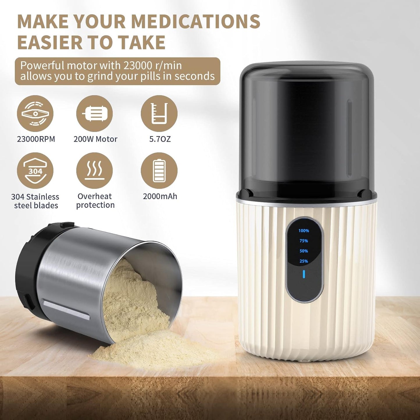 Cordless Electric Pill Crusher Grinder - Pill Cutters for Small or Large Pills and Vitamin Tablets to Fine Powder - Electronic Pill Pulverizer - Removable Grinding Cup for Easy Cleaning