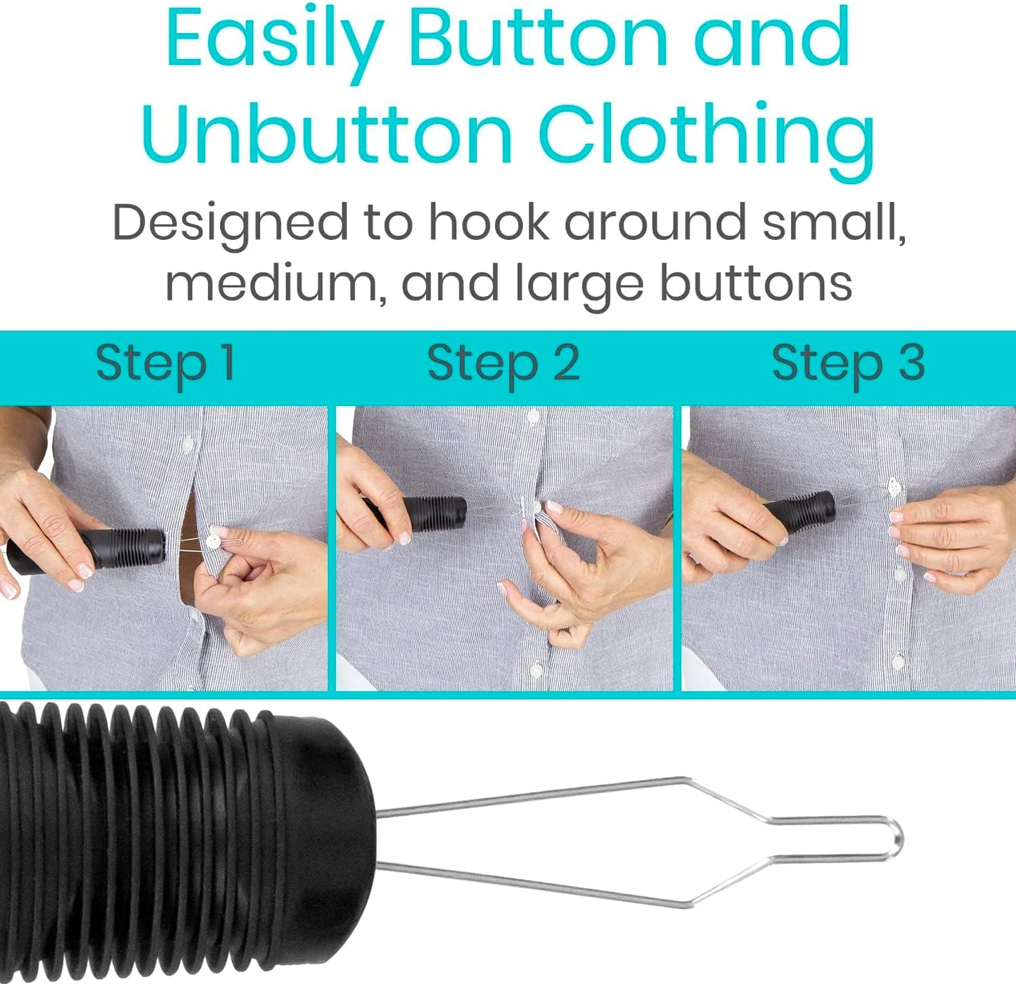 Vive Button Hook with Zipper Pull - Dressing Helper Assist Tool for Arthritis - One Hand Shirt & Coat Buttoning Aid, Disability, Handicapped, Seniors, Elderly - Limited Dexterity, Wide Grip Handle
