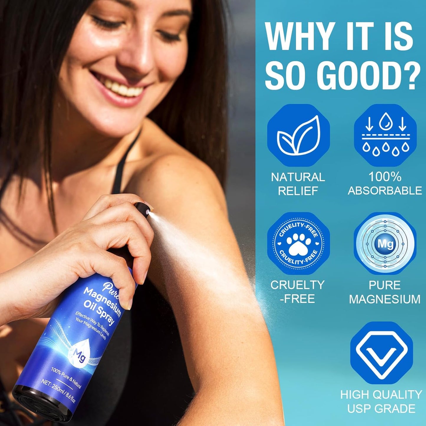 Magnesium Oil Spray 8.6Fl Oz, Pure Magnesium Spray for Feet, Body and Skin, Topical Mg Oil, Easy to Absorb