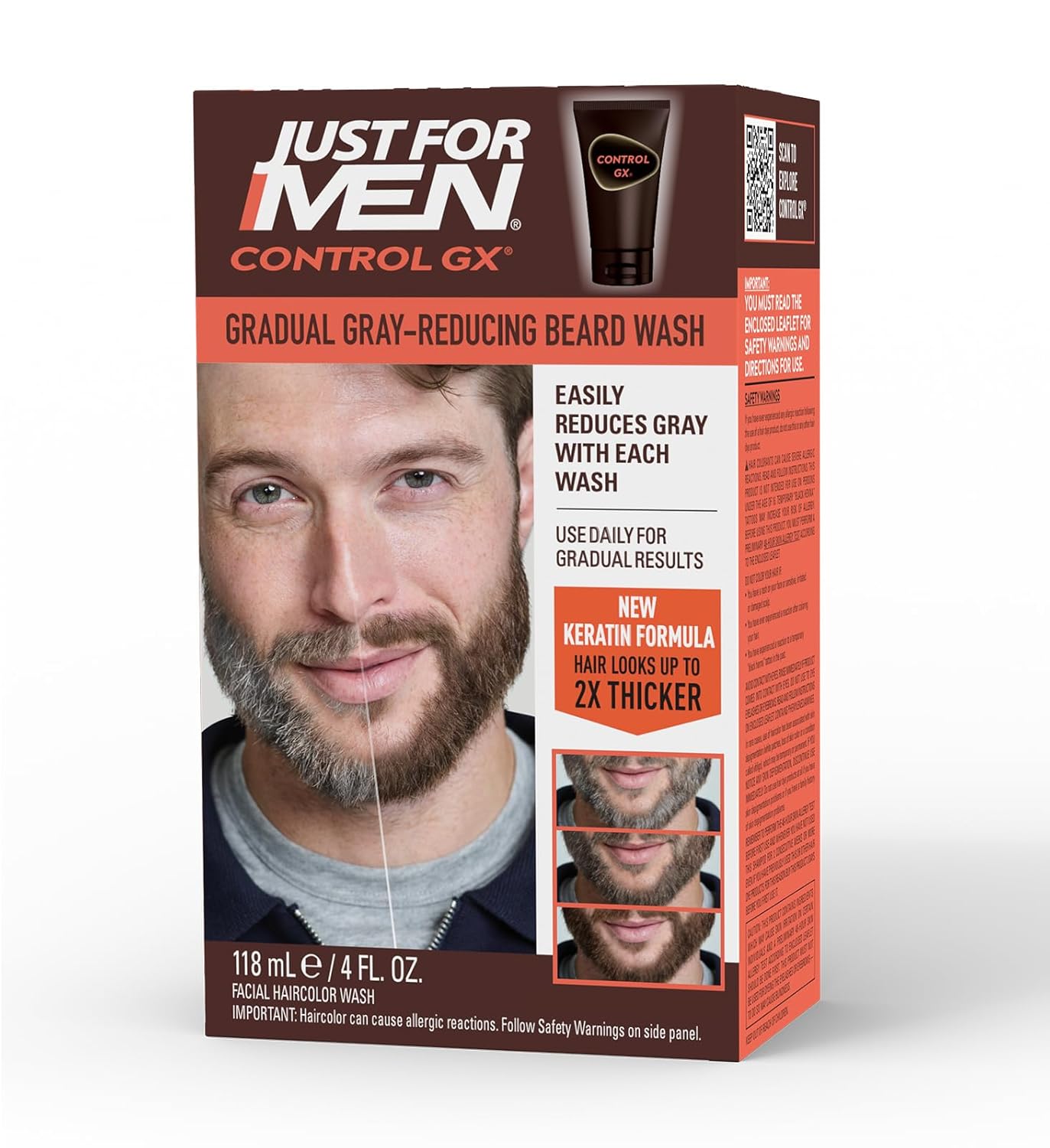 Just for Men Control GX Grey Reducing Beard Wash Shampoo with Keratin, Gradually Colors Mustache and Beard, Leaves Facial Hair Thicker Softer and Fuller, 4 Fl Oz - Pack of 1 (Packaging May Vary)