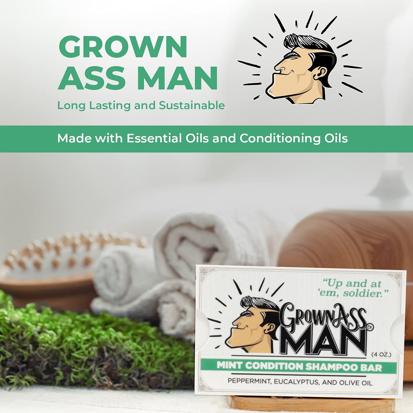 Grown Ass Man Co. - Solid Shampoo Bar Rich Lather 3 in 1: Hair, Beard & Body Wash - Plastic Free & Eco-Friendly, Natural & Organic Clean for All Hair Types, 4oz Bar (Mint Condition, 6-Pack)