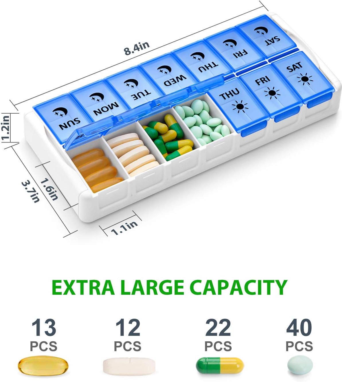 Weekly Pill Organizer 7 Day 2 Times a Day Extra Large, Quick Fill 2020 Fullicon AM PM XL Daily Pill Cases Pill Box with Detachable Base - White/Blue (Patent Registered)