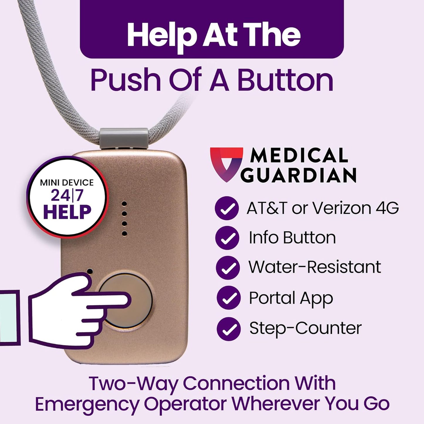 Medical Guardian MGMini | Medical Alert Device for Seniors | Water-Resistant, Emergency Call Button, 24/7 Monitoring, Step Counter, GPS Tracking | Monthly Subscription Required | Rose Gold