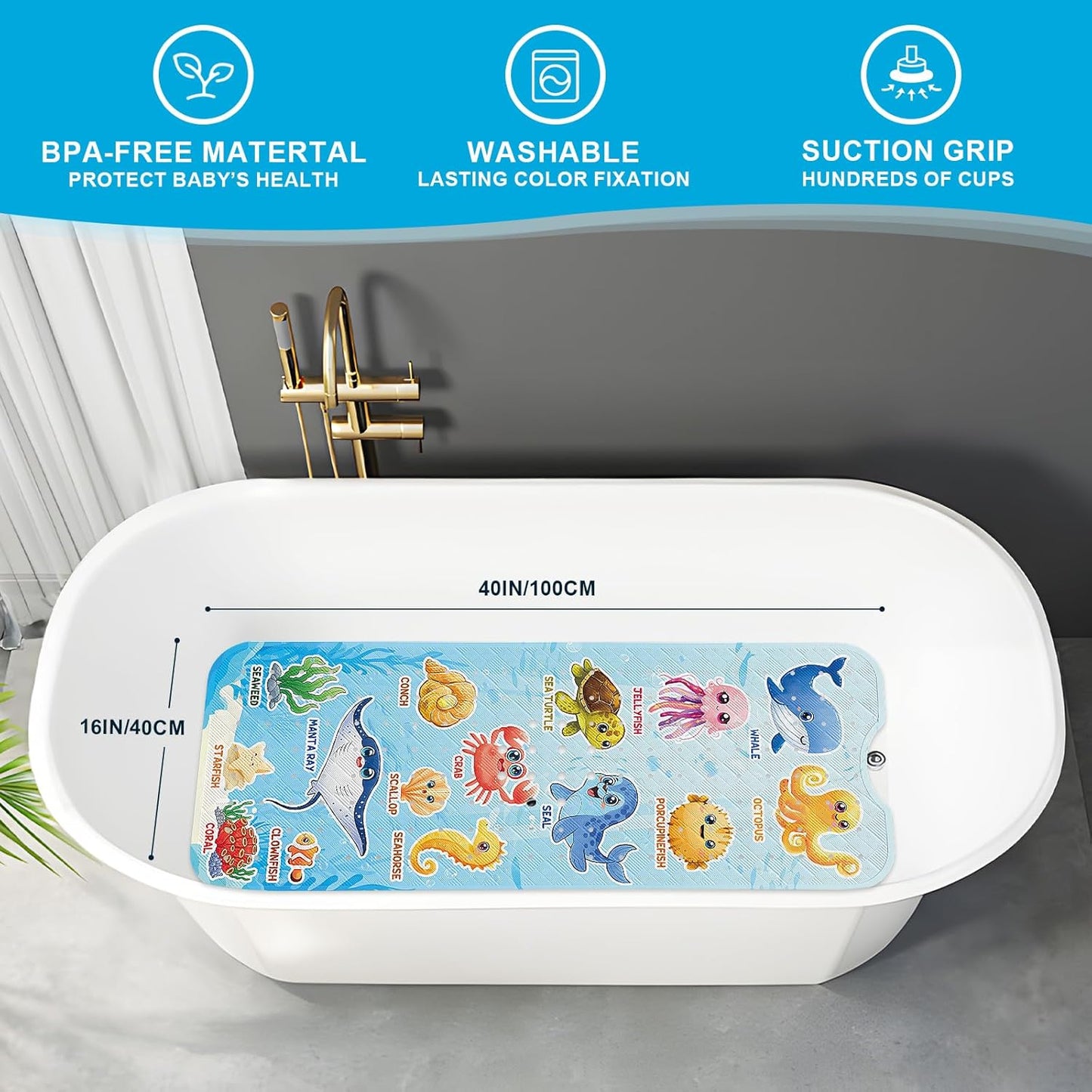 XIYUNTE Baby Bath Mat for Tub Non Slip Kids Bath Mat - 40"x16" Extra Long Bathtub Mat Non Slip Kids, Eco-Friendly Toddler Bath Mats with Suction Cups for Secure Grip, Easy to Clean & Easy Drying